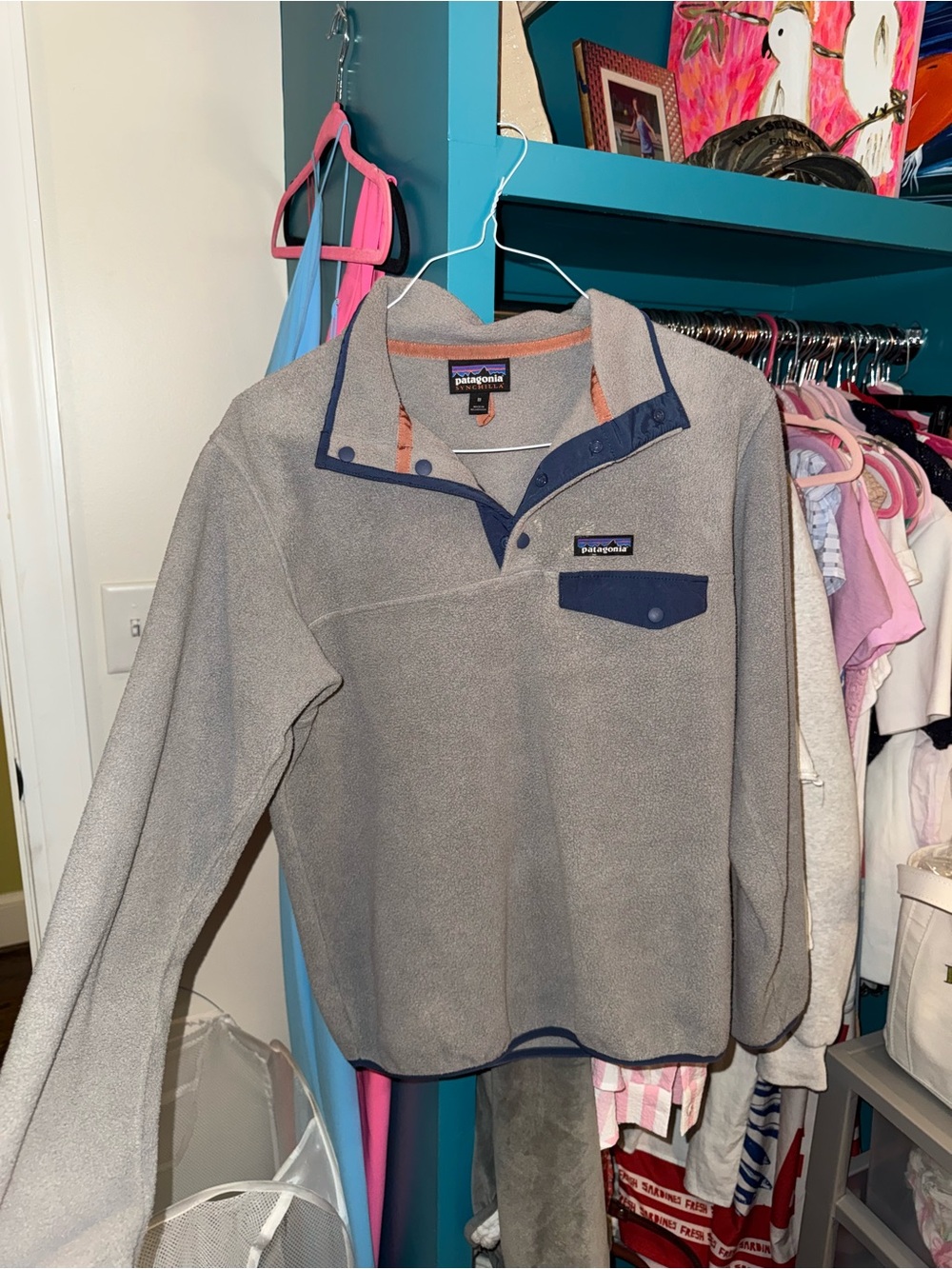 Patagonia Kids Grey Fleece Snap Pullover with Navy Trim